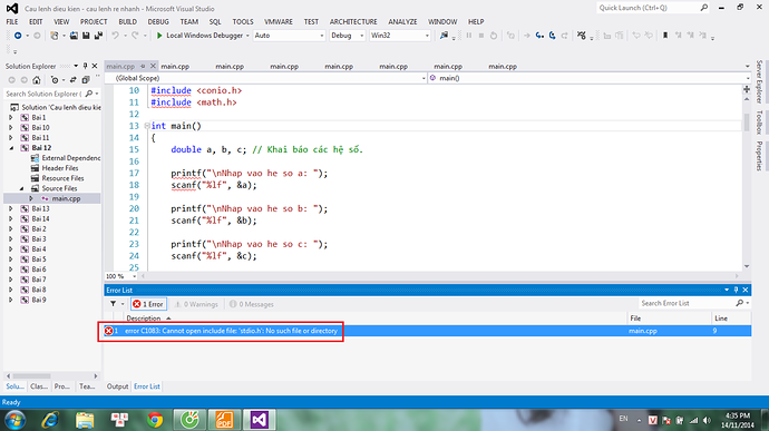 Lỗi IntelliSense cannot open source file stdio h trong visual studio